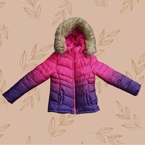 Girls winter puffer coat jacket purple pink ombré with removable fur hood